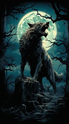 a wolf standing in front of a full moon