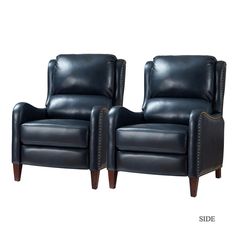 pair of blue leather recliners with nail polishing on the armrests