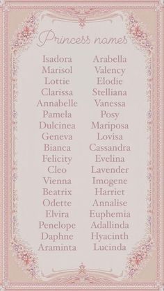 an ornate frame with the names of princesses in pink and white, on a beige background