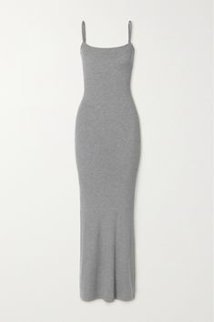 SKIMS' maxi dress is cut from ribbed stretch-modal jersey – you can really feel the soft finish. It's made to cling to your curves and has slim straps framing a square neckline. Wear yours while lounging at home and add sneakers if you're heading out for the day, or heels and your favorite purse for date night. Slim Long Dresses, Gray Long Dress Casual, Skims Ribbed Dress, Lounge Maxi Dress, Grey Long Dress Outfit, Long Grey Dress Casual, Grey Maxi Dress Outfit, Skim Dress, Grey Dress Casual