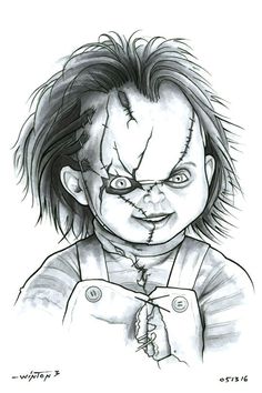 Drawings Of Chucky, Chuckie Drawing, Scary Characters Drawing, How To Draw Chucky, Chucky Drawing Pencil, Chucky Stencil, Chucky Doll Drawing, Bride Of Chucky Drawing, Horror Movie Characters Drawing