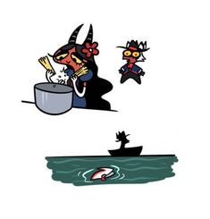 an image of two devil cartoon characters in the water with one holding a fishing rod