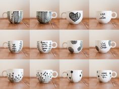 coffee cups with different designs on them are lined up in the shape of hearts and words