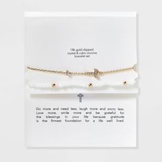 Show some self-love or surprise your loved one with the 14k Gold Dipped Cubic Zirconia Cross on Chain and Crystal Stretch Bracelet Set 2pc in Gold/White. This set includes a statement chain made with gold-plated nickel-free metal to wear for days. With an overall length of 7 inches and an extended length of 8.5 inches, these bracelets offer a comfortable fit for most wrists. Embrace the love with sparkling crystal accents and elevate any accessory collection with pieces to remember with this set Cubic Zirconia Bracelet, Wish Bracelets, Gold Dipped, Bracelet Crafts, Sparkling Crystal, Jewelry Cleaner, Bracelet Stack, Stretch Bracelet, Metal Chain