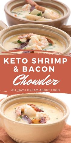 keto shrimp and bacon chowder with text overlay