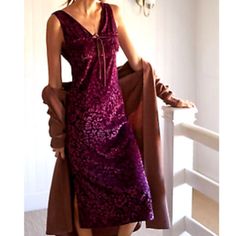 Anthropologie Size Large New With Tag 140$ Velvet Burnout Midi Dress Sleep/Lounge More Like A Maxi Plum (Burgundy/Wine/Maroon) Side Bottom Slits Slip Midi Dress, Purple Maxi, Velvet Burnout, Wrap Midi Dress, Sleep Dress, Western Wedding, Burgundy Wine, Midi Shirt Dress, Polyester Dress