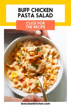 a hand holding a spoon full of pasta with the words, buffet chicken pasta click for the recipe