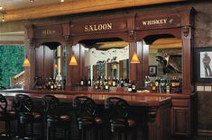 a bar with several stools in front of it