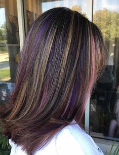 Medium Brown Hair With Purple Highlights, Fun Hair Dye Ideas Brunettes, Purple Highlights Brown Hair Peekaboo, Eggplant Highlights, Kids Highlights Hair, Brown Hair With Purple Streaks, Light Brown Hair With Purple Highlights, Purple Lowlights In Brown Hair, Subtle Purple Highlights