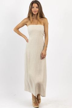 MAREN TAN LINEN MAXI DRESS *BACK IN STOCK* – L'ABEYE Linen Bridesmaid Dresses, Maxi Dress Linen, Striped Linen Pants, Dress Back, Dress Linen, Strapless Maxi, Linen Maxi Dress, Strapless Maxi Dress, Knit Mini Dress