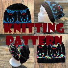 four different knitted hats with the words knitting pattern written in red and blue on them