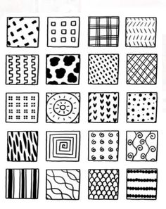 a bunch of black and white squares with different designs on them, all drawn by hand