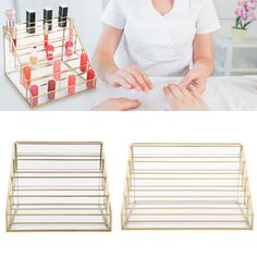 Feature:1. It is widely used as nail polish display rack and essential oil display rack, lipstick display rack, lip gloss display rack, and balm display rack. 2. Arrange and organize cosmetics, souvenirs, accessories, nail polish, small balls, medicine bottles, essential oils and other small items. 3. Made of high‑quality glass material, it has a transparent appearance, high transparency, high hardness and surface gloss. 4. Non‑toxic, environmentally friendly, the corners are wrapped with copper to prevent scratches. 5. With a trapezoidal five‑layer design, two sizes can be selected at will, it can easily accommodate 35‑50 nail polishes (depending on the size of the bottle), which can save a lot of space. Specification: Condition:100% Brand New Item Type: Nail Polish Display Rack Material: Professional Nail Polish Display, Nail Polish Organizer Shelf, Nail Polish Wall Rack Tilted, Spice Rack Nail Polish Holder, Nail Polish Wall Rack, Nail Polish Shelf, Cosmetics Display Stand, Makeup Display, Polish Display