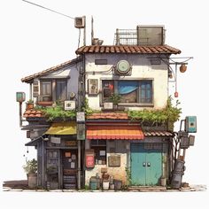 木造モルタル一戸建住宅 Building Illustration Architecture, Interior Architecture Sketch, Building References, Exterior Sketch, Arte Aesthetic, Watercolor House Painting, Colour Drawing, Building Aesthetic