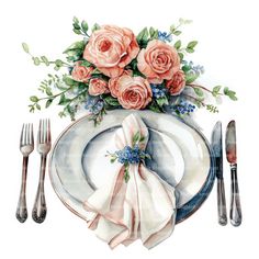 a watercolor painting of a table setting with roses and napkins on it, along with silverware