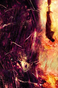 an abstract painting of a person walking in front of fire and grass with flames coming out of the ground