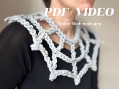 a woman wearing a white crochet necklace with the words, pdf + video on it