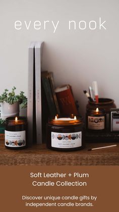 candles and books on a shelf with the text every nook soft leather + plum candle collection