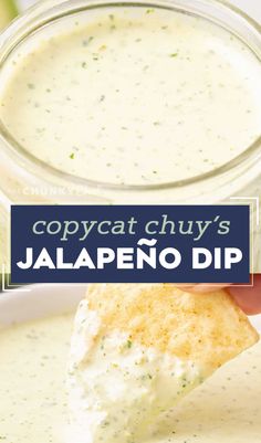 a hand holding up a piece of cheese dip with the text copycat chuy's jalapeno dip