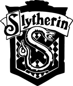 the slytherin crest is shown in black and white, with an ornate scroll around it