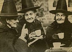 an old photo of three people wearing witches hats and holding coffee cups, giving the thumbs up sign