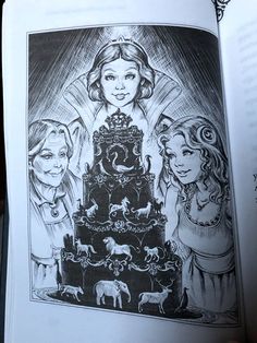 an open book with a drawing of two girls and a cake on top of it