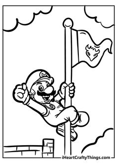 a cartoon character hanging on to a flag pole with his hands in the air, while holding