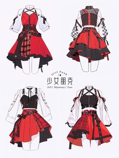 four different types of clothing on display with chinese writing in the middle one is red and black