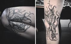 two pictures one with a fish and the other with an octopus on it's leg