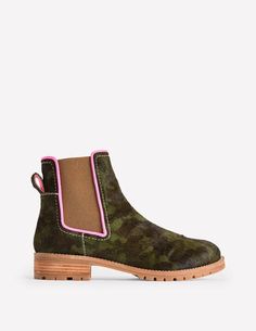 Freya Chelsea Boots - Camouflage | Boden US Green Round Toe Chelsea Boots For Fall, Elegant Leather Chelsea Boots With Stitched Sole, Green Chelsea Boots, Green Leather Chelsea Boots With Leather Sole, Embroidered Chelsea Boots, Stylish Winter Boots, Espadrilles Sneakers, Boden Uk, Black Chelsea Boots