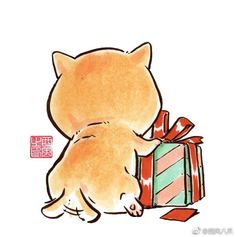 a drawing of a cat sitting next to a gift box with a ribbon on it