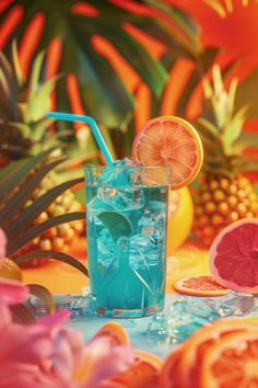 there is a blue drink with oranges and pineapples in the back ground