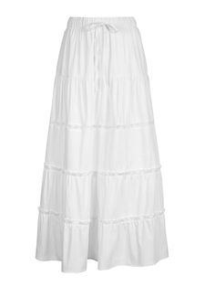 Color: White, Size: S Bohemian Style Skirts, Long Tiered Skirt, Ruched Midi Skirt, Full Length Skirts, Split Skirt, Empire Dress, Long Skirts, Lace Hem, White Skirt