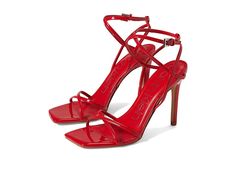 Calvin Klein Tegin - Women's Shoes : Medium Red : The Calvin Klein Tegin has crisscrossing straps at the instep and vamp that add modern dimension to a square-toe sandal lifted by a sky-high stiletto heel. Fits true to size. Crisscrossing straps at the instep and vamp. Ankle straps for support and comfort. Square-toe sandal lifted by a sky-high stiletto heel. Man-made upper, lining and insole. Synthetic sole. Imported. Measurements: Heel Height: 5 in Weight: 7 oz Product measurements were taken Red Strap Heels, Red Prom Heels, Red Heels Prom, Red Prom Shoes, Red Shoes Heels, Red Strappy Heels, Dr Shoes, Heels Red, Square Toe Sandals