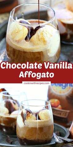 chocolate vanilla afogato in a glass with ice cream on top