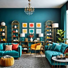 a living room with teal walls, gold shelves and colorful furniture in the corner