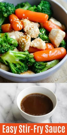 broccoli, carrots, chicken and sesame seeds in a bowl with sauce