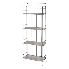 an iron and wood shelf with three shelves on each side, against a white background