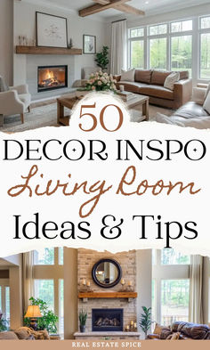 says 50 decor inspo living room ideas and tips with two images of living rooms sofa chairs home decor mirrors lamps tables Beautiful Living Rooms Dream Homes, On Trend Living Room Decor, Living Room Ideas Beige Walls, Simple Modern Decor Living Room, Family Room Updates Decorating Ideas, Family Room Decorating Ideas Modern, Idea Living Room Home Decor, Modern Timeless Living Room, Antique Cozy Living Room