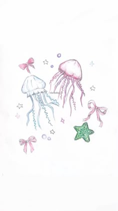 two jellyfishs and starfish on a white paper with pink ribbon around them