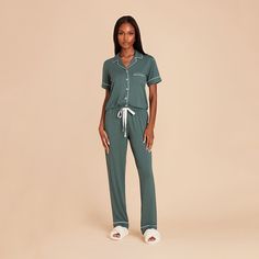 Shop Birdy Grey's comfy Jonny two-piece PJ set in Sea Glass with a short sleeve top and matching pants for bachelorette parties, wedding day prep & more. Our beloved Jonny Pajama Set, now updated in a short-sleeve top and pant iteration. Get them embroidered with your bridesmaids' initials for the perfect thank you gift! | Sea Glass Getting Ready Bamboo Size Small | Birdy Grey Jonny Short Sleeve and Pant Set Wedding Day Prep, Bridesmaid Get Ready Outfit, White Dresses For Sale, Bridal Party Getting Ready, Tuxedo Women, Comfy Pjs, Birdy Grey, Bridesmaid Getting Ready, Chic Shop