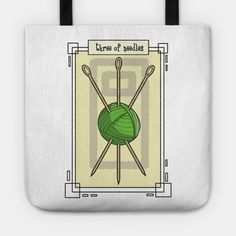 a tote bag with two knitting needles and a ball of yarn on the front