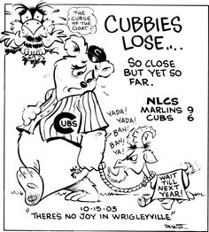 a black and white poster with an image of two cartoon characters, one holding a sign that reads cubbies lose so close but yet far