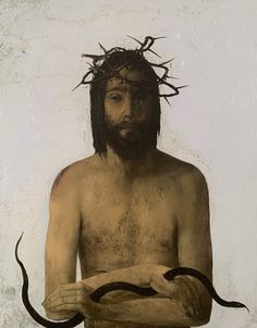 a painting of jesus holding a snake in his hands