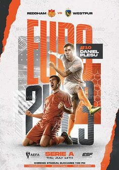 two men are playing soccer in front of an orange and black background with the words fio d'oro on it