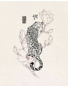 a black and white drawing of a leopard on a branch with flowers in the background