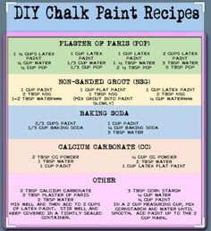 the recipe for diy chalk paint recipe is shown on a blue background with pink and green