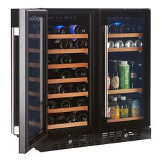 the two door refrigerator has many bottles and drinks in it's glass front doors