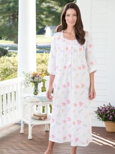 Ladies Nightgowns, Knit Nightgown, Hydrangea Print, Vermont Country Store, Eileen West, Cotton Nightgown, Pajama Outfits, Cotton Sleepwear, Lace Side