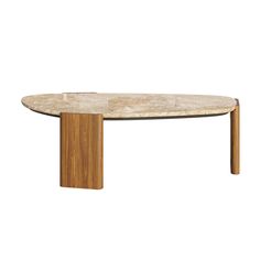 an oval marble table with wooden legs on a white background in the shape of a coffee table